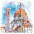 Florence and Tuscany. Buildings and landmarks. Cathedral. Watercolor isolated illustration on white background. 