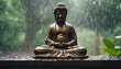 © abu - Buddha statue sitting in meditation with rain and forest in the background