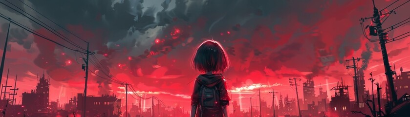 The girl stands alone in the middle of a ruined city. The sky is red and the buildings are destroyed. She is wearing a red hood and a determined expression on her face.