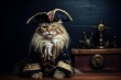 Cat dressed as a pirate, sitting on an old wooden table, rustic background
