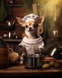 Chihuahua dressed as a chef, standing next to a tiny cooking pot, kitchen background