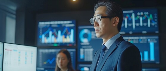 Asian professional successful businessman standing in a formal suit explaining report investment graph chart data to businesswoman colleagues from a computer monitor in a meeting room