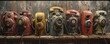 The image shows a row of vintage rotary dial telephones against a wooden background