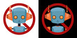 Set of vector cartoon robots in prohibition sign an white and black background. Restrictions on the use of artificial intelligence. Bots and automation forbidden. Cyborgs are banned.