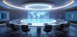 A technology think tank meeting room, with a circular holographic display at the center, where futuristic concepts and ideas are debated and visualized in 3D. 32k, full ultra hd, high resolution