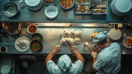 Wall Mural - Overhead shot, a male chefs in the kitchen. Generative AI.