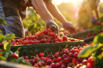 Wall Mural - Farm Harvesting cherries tree in the Field, fresh ripe fruit. Farm workers picking fresh ripe fruit, beautiful sunset.