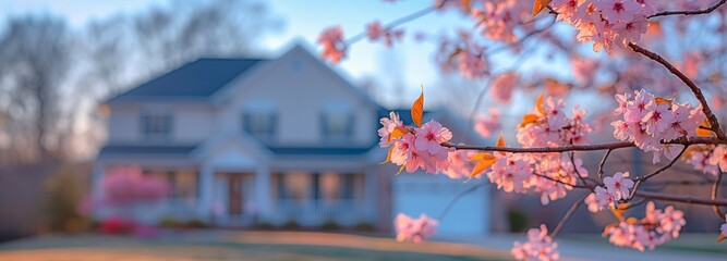 pink cherry blossoms and sakura tree blooms on branches in the foreground during springtime in north