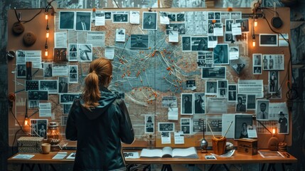 Fototapete - Cyber investigation framework, a photo of a modified detective board with examination of hands, photos and notes in black ink, surrounded by white papers and pins with photos. Generative AI.