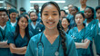 © Kiron - A young female nursing student, surrounded by a diverse group of medical students and doctors, all wearing scrubs and stethoscopes, genuine photojournalism. Ai generated
