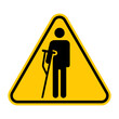 Injured people warning sign. Vector illustration of triangle sign with standing man with crutch icon inside. Priority access for people with physical disabilities. Caution symbol.