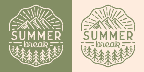 Wall Mural - summer break lettering badge camping hiking. mountain forest trees landscape retro vintage aesthetic