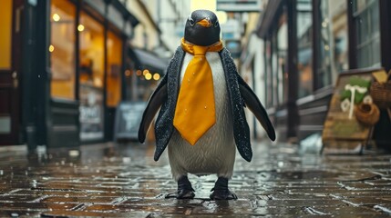 Dapper penguin struts through city streets in tailored elegance, embodying street style. The realistic urban backdrop frames this formally attired bird, seamlessly merging Antarctic charm with contemp