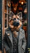 Dapper dog strolls through the city streets in tailored fashion, a charismatic blend of street style. Realistic urban scenery frames this chic canine, merging charm with contemporary flair effortlessl