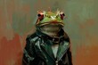 A painting of a frog wearing a leather jacket. Suitable for fashion or animal themed designs