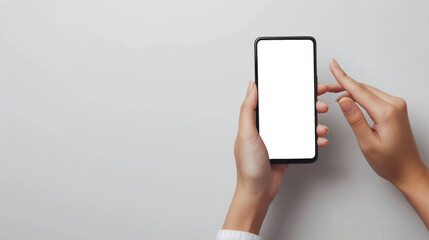 Close up of hand holding smartphone on white background