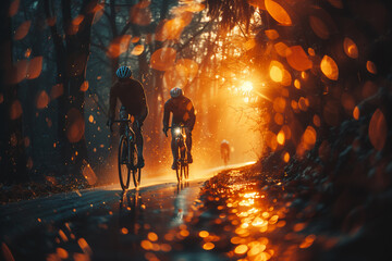 Cyclist speeding around a velodrome track during a thrilling race .Two people navigating wet road on bicycles at night