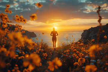 Wall Mural - triathlete completing the final leg of the race, exhausted but determined .man surrounded by flowers