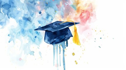 Wall Mural - Create a watercolor painting of a graduation cap. The cap should be blue with a yellow tassel. The background should be a white watercolor wash.