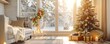 © JK_kyoto - A cozy living room with a Christmas tree, presents, and a wreath on the window. The warm sunlight is shining through the window. The room is decorated for Christmas.