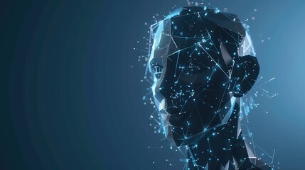 An abstract composition depicting a robot with artificial intelligence, incorporating biometric scanning and face ID technology in a polygon vector wireframe concept.