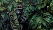 © AY AGENCY - Creative animal concept. Gorilla in luxury lush coat outfits isolated on natural floral wildlife foliage leafy green forest nature habitat background. advertisement, copy text space