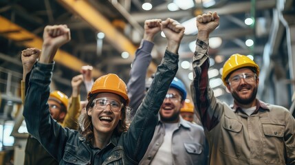 Wall Mural - An inspiring image capturing the joy and camaraderie among a team of mechanical engineers at a heavy industrial site.