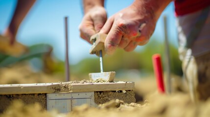 Sticker - Concrete being tested for slump, precise measurement, daylight, close-up, hands and tool in focus 