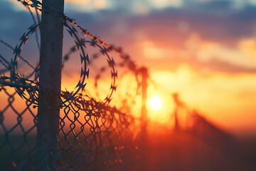 Wall Mural - Barbed wire fence with sunset sky background, closeup. selfbritish style of barbwire in military area of lifting knotted or spiral for security and border protection concept. copy space