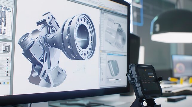 CAD software on screen designing a mechanical part, bright display, close view, detailed work 