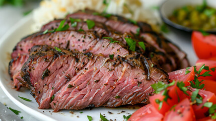 Wall Mural - Deliciously seasoned jerk beef, perfectly sliced and served with rice, tomatoes, and fresh herbs on a white platter