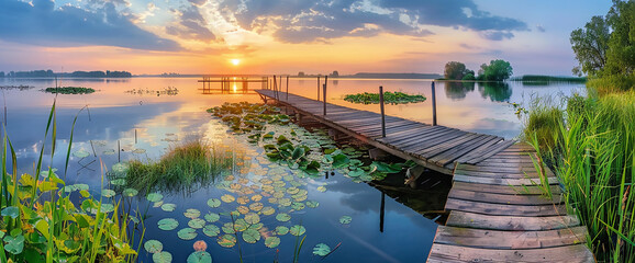 Wall Mural - Beautiful summer landscape with a wooden jetty on a lake at sunset, a beautiful sky and lily pads in the foreground, a panoramic view