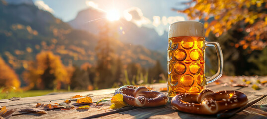 Beer and Pretzel Against Mountain Backdrop