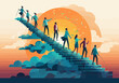© Perfect Vector - Business team collaboration, employee progress and company success - Vector minimalist scene of diverse co-workers holding hands climbing stairs representing teamwork, growth, achievement and support