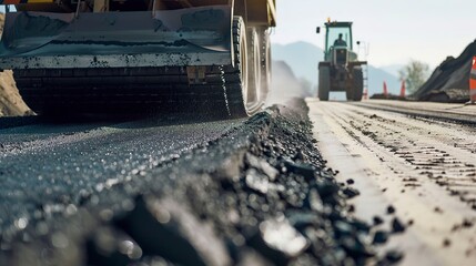 Canvas Print - Asphalt being laid on a new road, close-up, detailed machinery and smooth surface