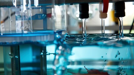 Hydraulic model testing in a lab, close-up, detailed water currents, clear experimental setup 