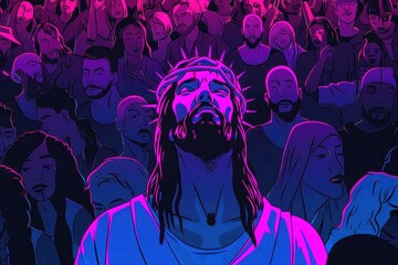 Wall Mural - A man wearing a crown of thorns surrounded by a crowd. Suitable for religious concepts or historical reenactments