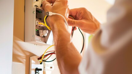 Wall Mural - Installation of a home security system, close-up on technician's hands and wiring 