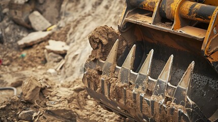 Wall Mural - Heavy-duty construction excavator bucket, close-up, detailed teeth and dirt6