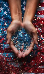 Wall Mural - Closeup of glitter stars confetti in USA flag colors in hands. Template for national holidays background - Independence day(4th of July), Veterans day, Labor day, Memorial day concept.