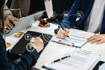 Wall Mural - Copyright or patent concept, Business team analyzing data and using smart phone and tablet with virtual screen
