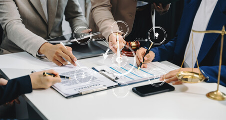 Wall Mural - Copyright or patent concept, Business team analyzing data and using smart phone and tablet with virtual screen
