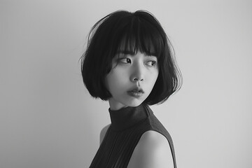 Wall Mural - Photo of Japanese woman with bob cut hair wearing dark gray sleeveless dress, standing in profile against white background, looking sideways at camera, studio shot