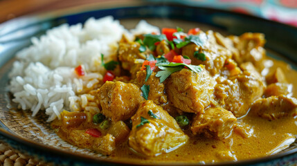 Wall Mural - Traditional jamaican curry chicken served with fluffy white rice, garnished with fresh herbs on a rustic plate, vibrant caribbean cuisine