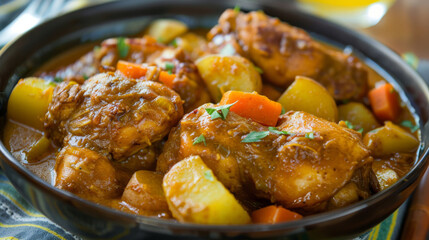 Wall Mural - Flavorful caribbean cuisine with jamaican stewed chicken, potatoes, and carrots, topped with fragrant herbs