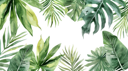 Wall Mural - Vector watercolor palm leaves, summer poster background, summer travel web banner, palm day, tropical leaves