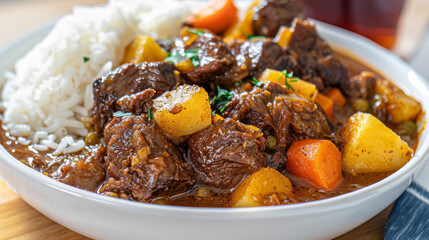 Wall Mural - Savory dish of jamaican beef stew with rice, tender carrots, and potatoes, garnished with fresh herbs on a wooden table