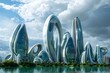 A skyline of futuristic buildings, each with organic, non-linear architecture.