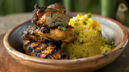 Wall Mural - Authentic caribbean flavors: grilled jamaican jerk chicken with traditional rice and peas, served on a rustic plate