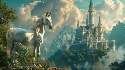 Wall Mural - Magical encounter: Unicorn stands before a fairy tale castle, bringing a touch of enchantment to the scene. 